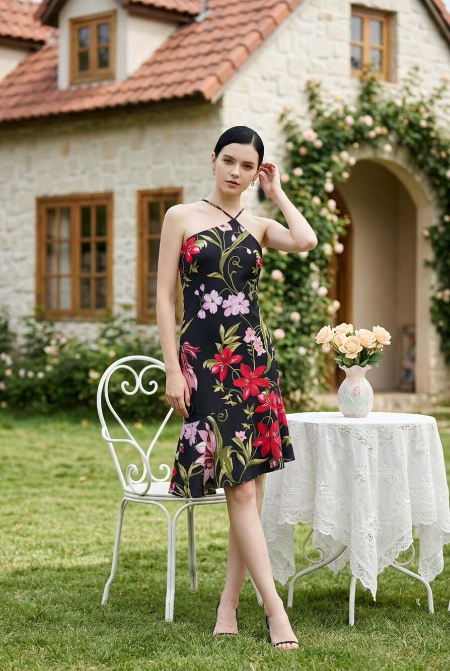 Simple Retro Floral Halter Neck Asymmetric Ruffle Hem Dress